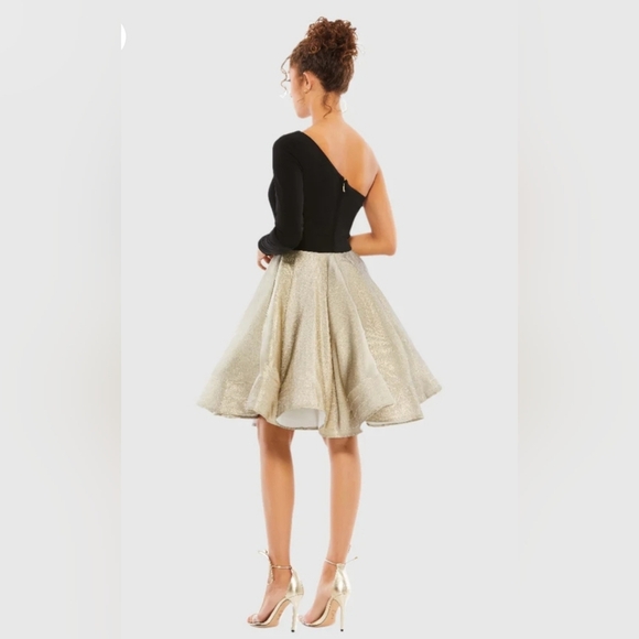 IEENA FOR MAC DUGGAL, Black & Gold One Shoulder A-Line Dress, Size 4, NWT! - Picture 2 of 14